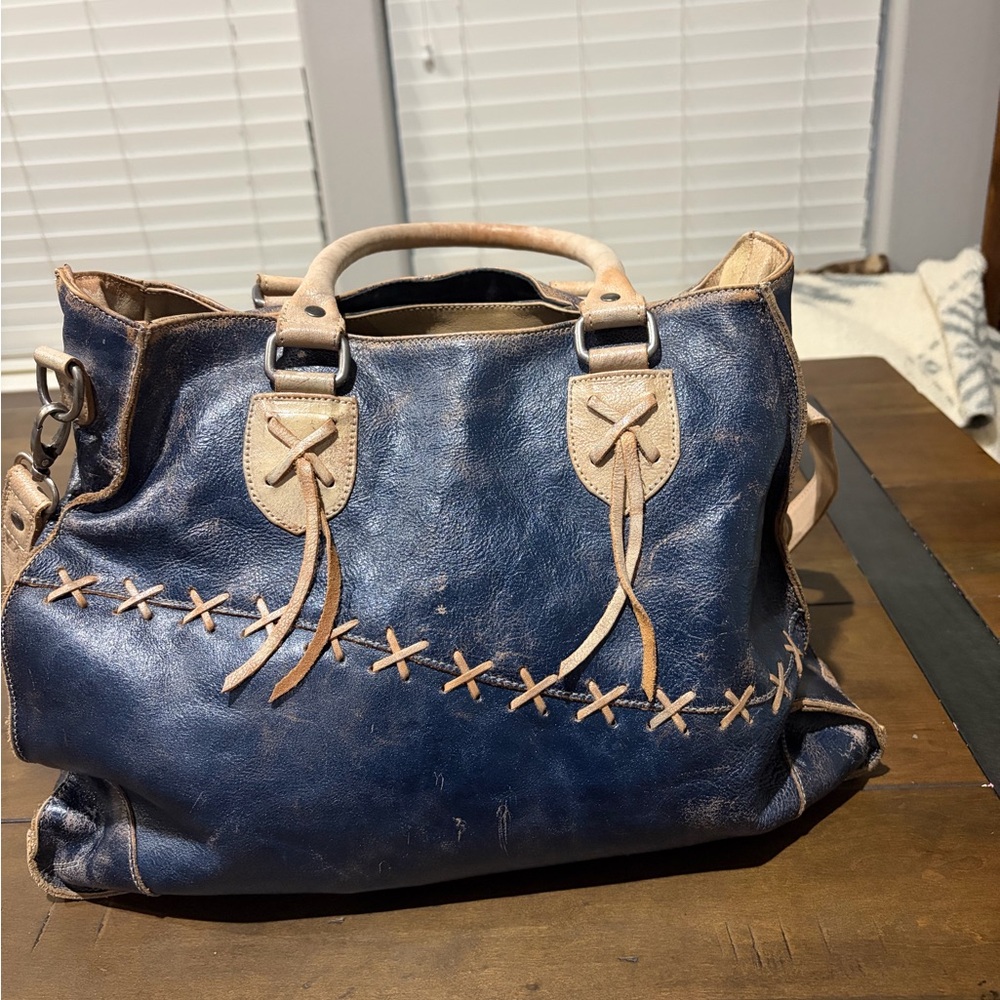 Bed Stu Navy Leather Tote with Tan Cross-Stitch Accents
